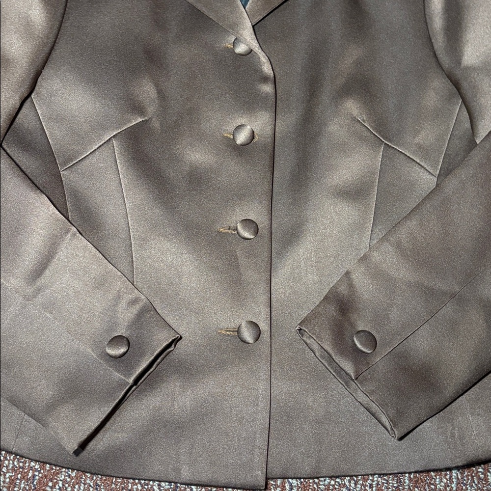 Chocolate Brown Satin Blazer fitted women’s blazer shiny button front structured - Picture 8 of 15